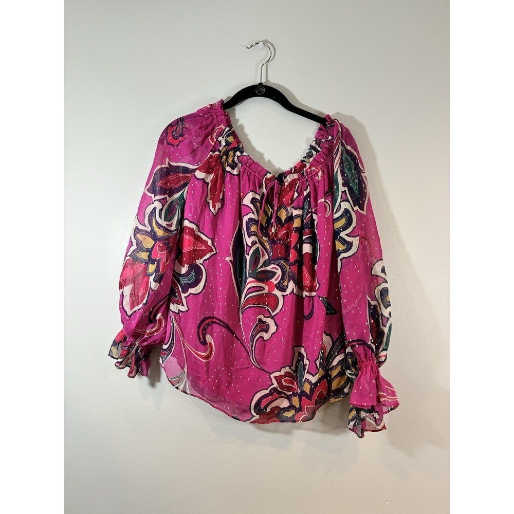 Trina Turk Indore Top Silk Metallic Phlox Pink Off The Shoulder Colorful-XS